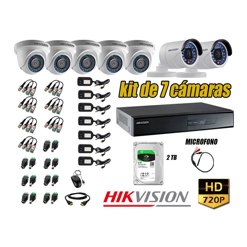 HIKVISION - Kit 7 Cámaras de Seguridad HD 720P Disco 2TB Vigilancia + Kit de Micrófono