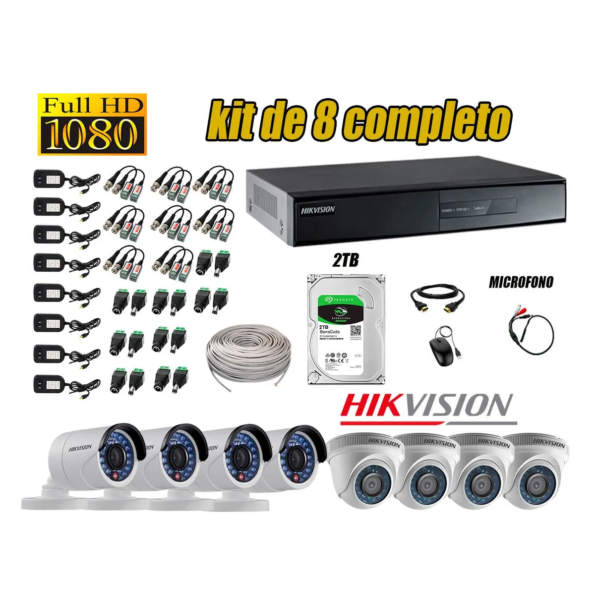 HIKVISION - Kit 8 Cámaras de Seguridad Full HD 1080P 2TB Vigilancia + Kit de Micrófono