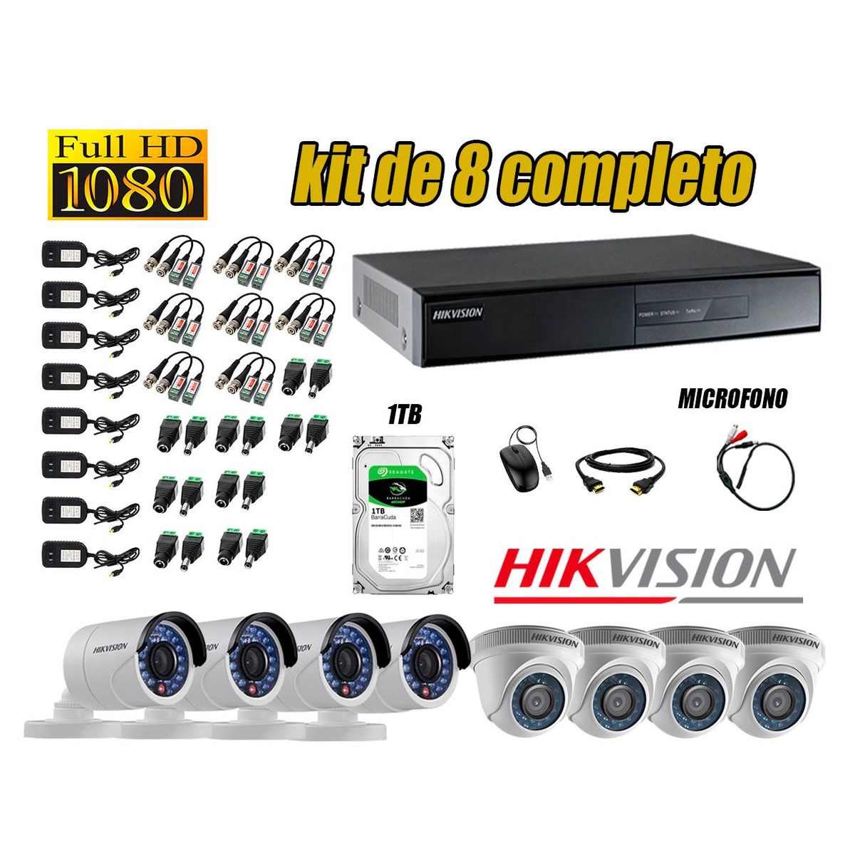 HIKVISION - Kit 8 Cámaras de Seguridad Full HD 1080P Disco 1TB Vigilancia + Kit de Micrófono