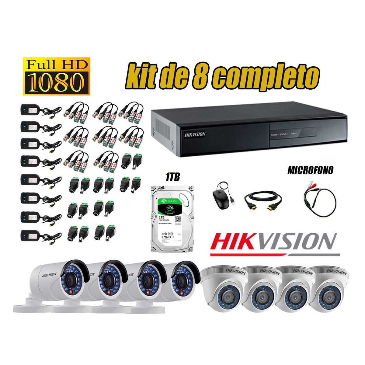 HIKVISION - Kit 8 Cámaras de Seguridad Full HD 1080P Disco 1TB Vigilancia + Kit de Micrófono