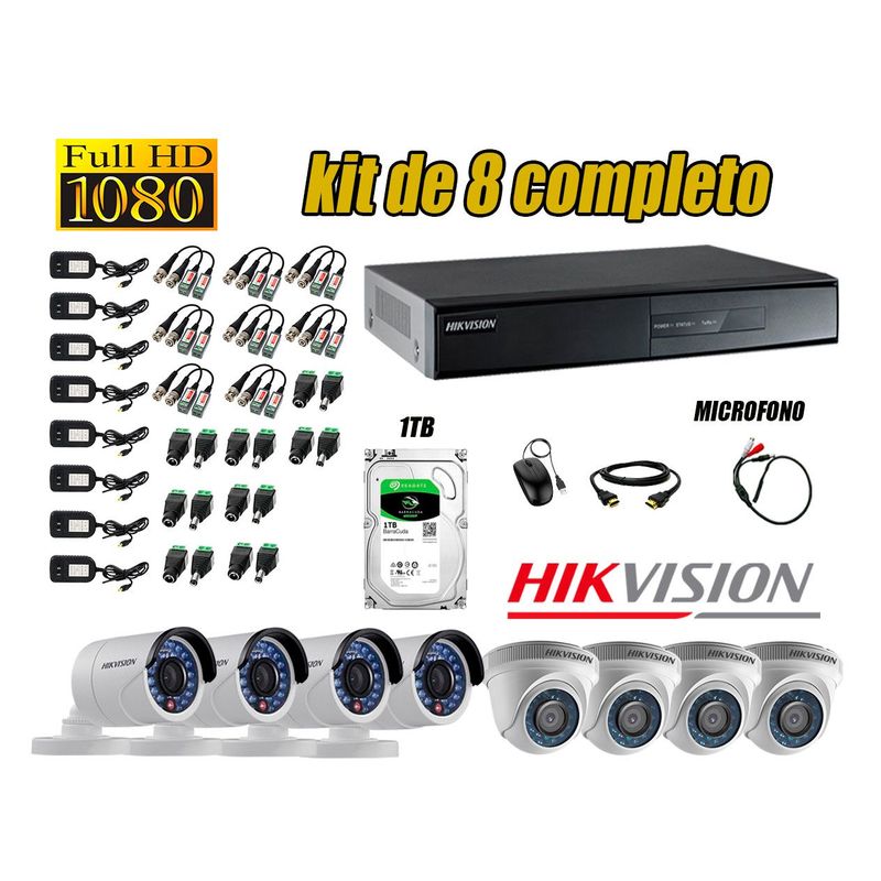 HIKVISION - Kit 8 Cámaras de Seguridad Full HD 1080P Disco 1TB Vigilancia + Kit de Micrófono