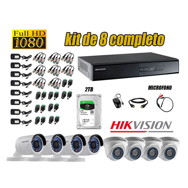HIKVISION - Kit 8 Cámaras de Seguridad Full HD 1080P Disco 2TB Vigilancia + Kit de Micrófono