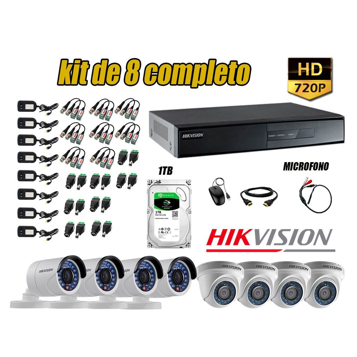 HIKVISION - Kit 8 Cámaras de Seguridad HD 720P Disco 1TB Vigilancia + Kit de Micrófono