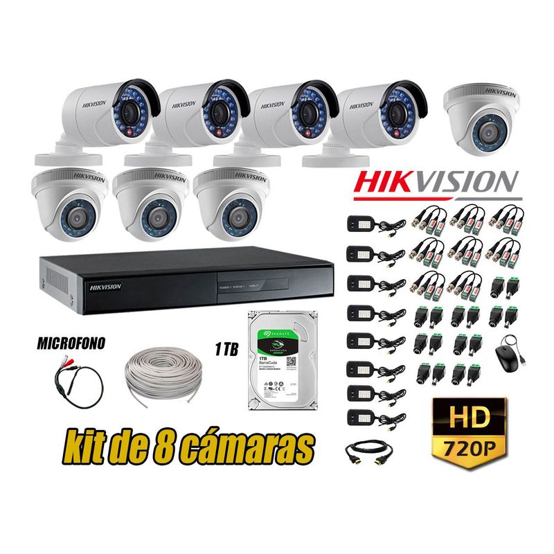 HIKVISION - Kit 8 Cámaras de Seguridad HD 720P + Disco 1TB Vigilancia + Kit de Micrófono