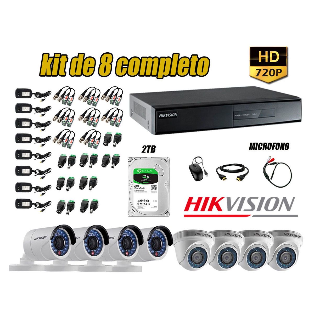 HIKVISION - Kit 8 Cámaras de Seguridad HD 720P Disco 2TB Vigilancia + Kit de Micrófono