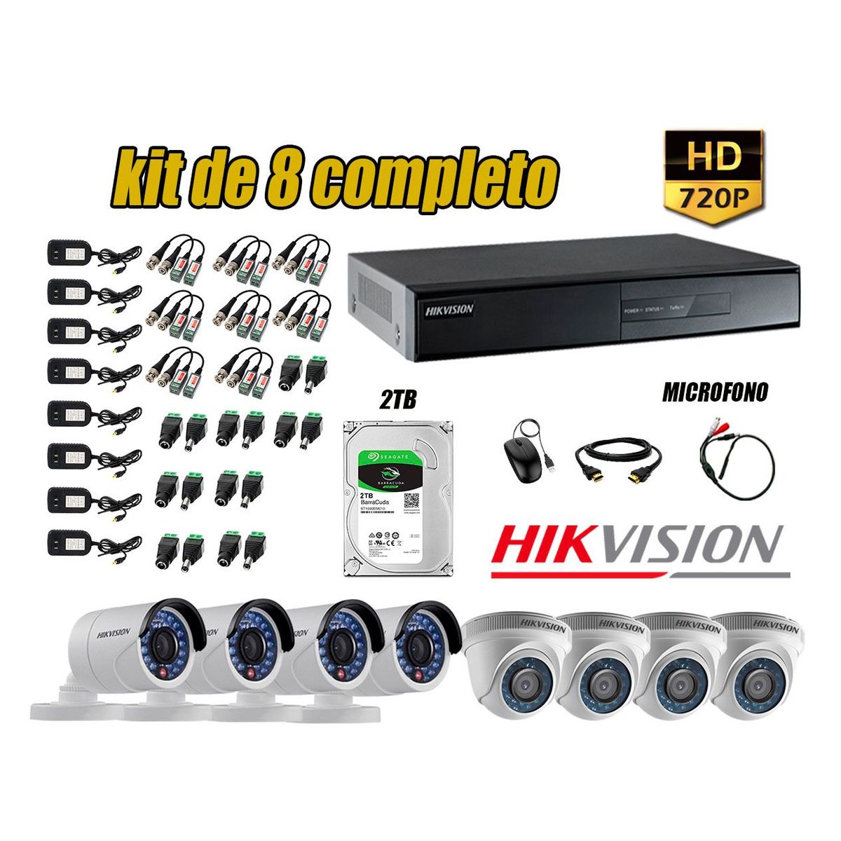 HIKVISION - Kit 8 Cámaras de Seguridad HD 720P Disco 2TB Vigilancia + Kit de Micrófono