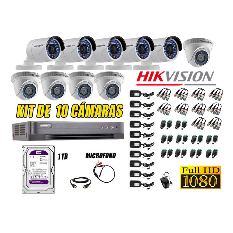 HIKVISION - Kit 10 Cámaras de Seguridad Full HD 1080P 1TB Vigilancia + Kit de Micrófono