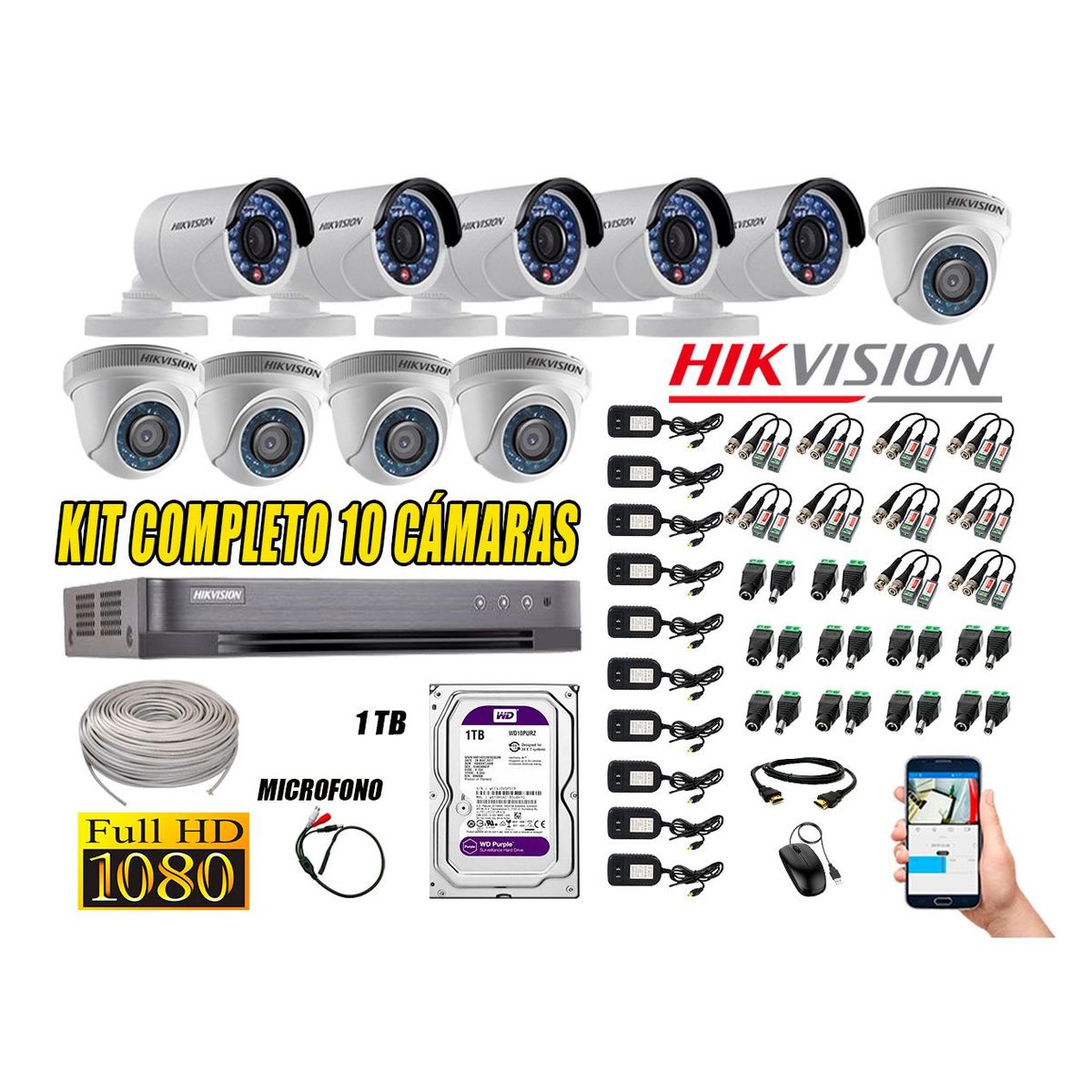 HIKVISION - Kit 10 Cámaras de Seguridad Full HD 1080P Disco 1TB Vigilancia + Kit Micrófono
