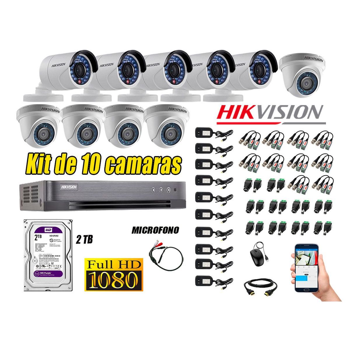 HIKVISION - Kit 10 Cámaras de Seguridad Full HD 1080P Disco 2TB Vigilancia + Kit Micrófono