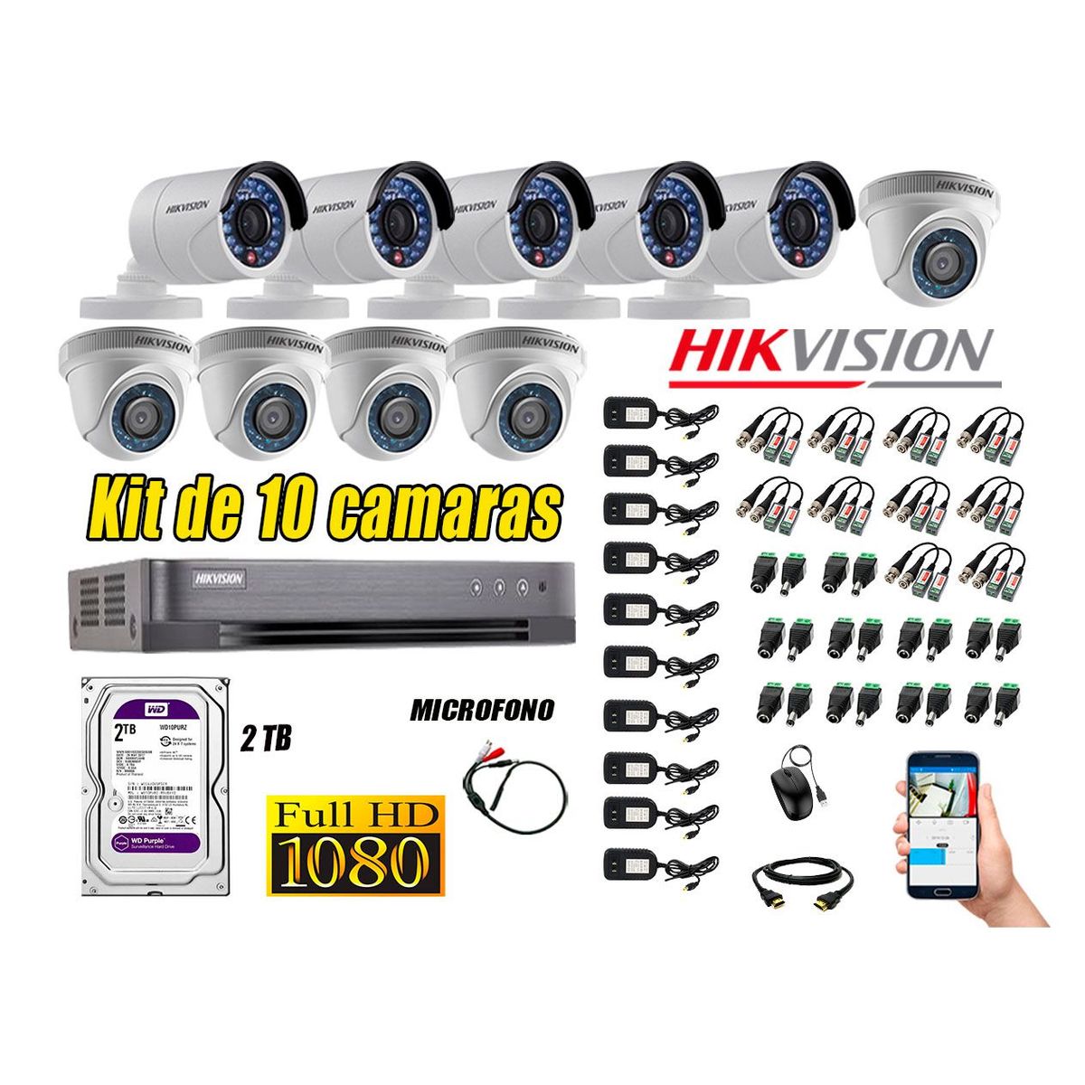 HIKVISION - Kit 10 Cámaras de Seguridad Full HD 1080P Disco 2TB Vigilancia + Kit Micrófono