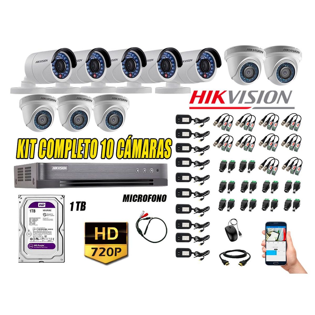 HIKVISION - Kit 10 Cámaras de Seguridad HD 720P 1TB Vigilancia + Kit de Micrófono