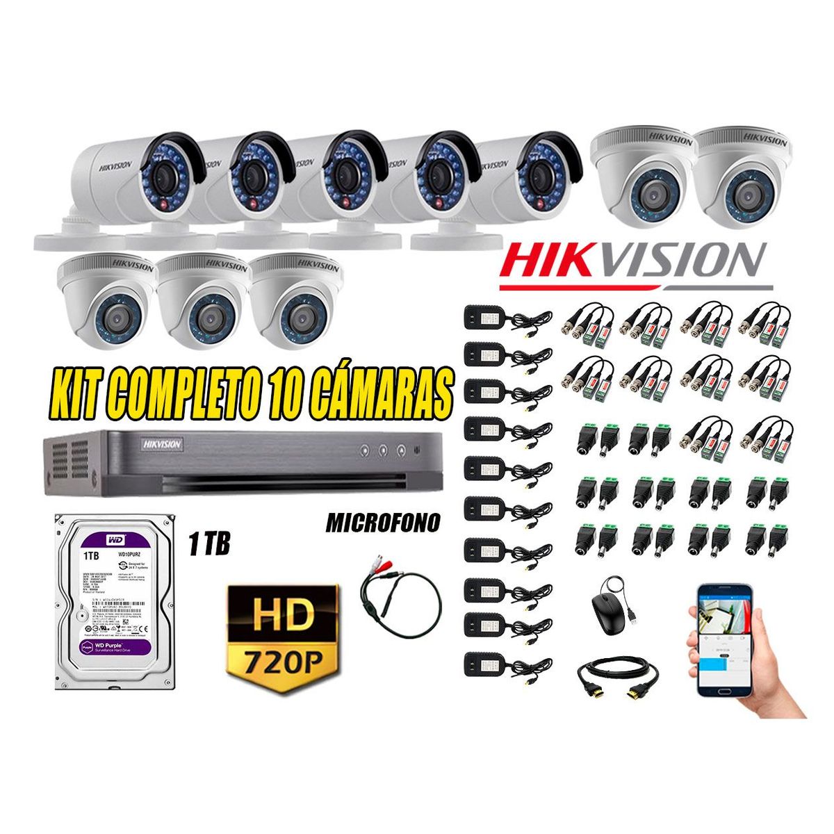 HIKVISION - Kit 10 Cámaras de Seguridad HD 720P 1TB Vigilancia + Kit de Micrófono