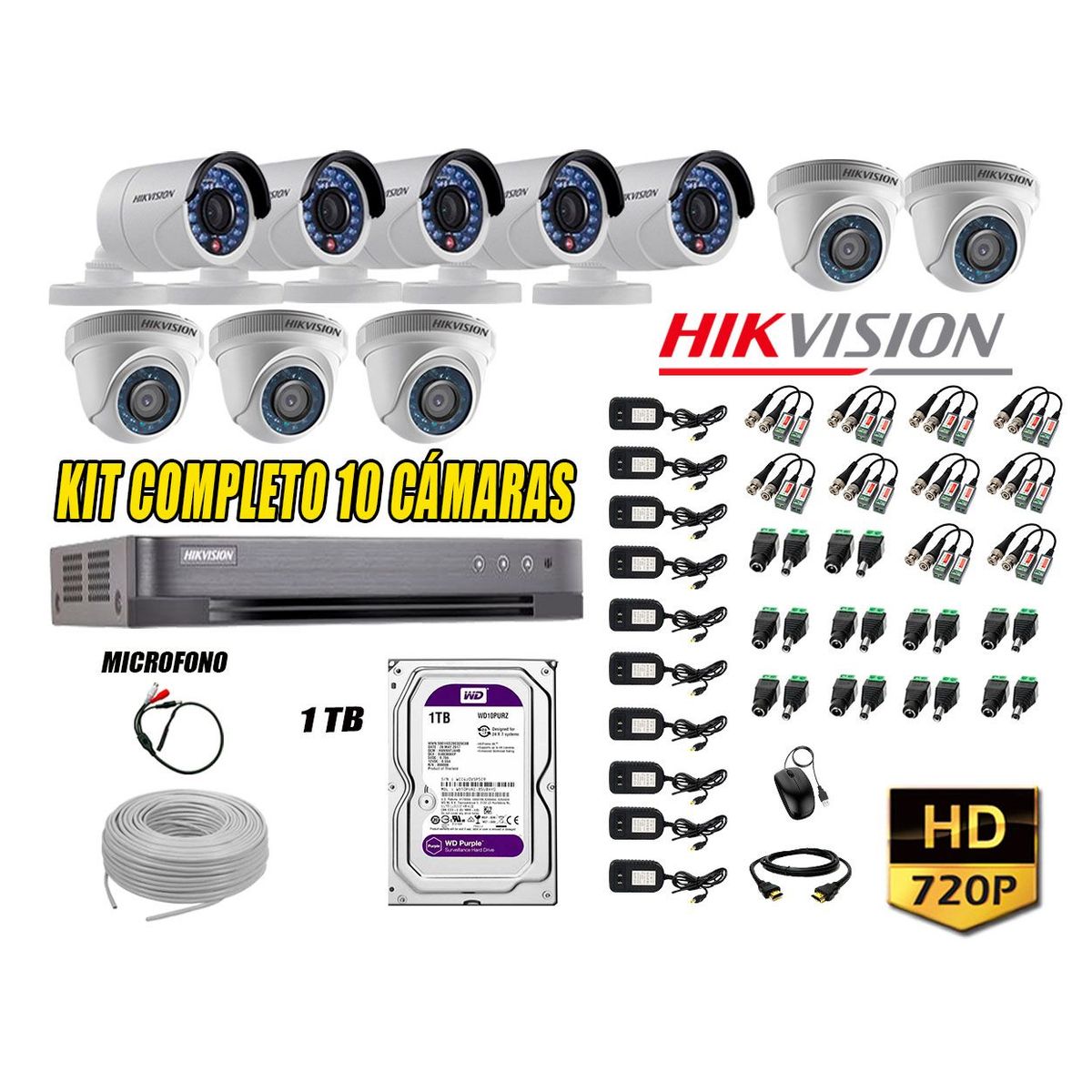 HIKVISION - Kit 10 Cámaras de Seguridad HD 720P Disco 1TB Vigilancia + Kit de Micrófono
