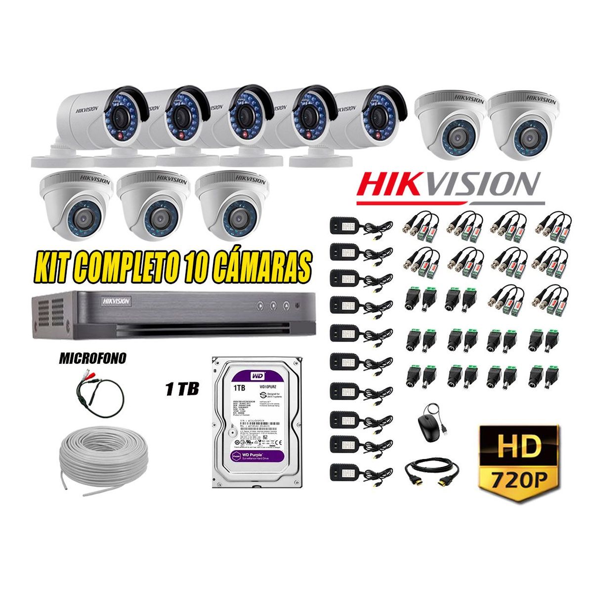 HIKVISION - Kit 10 Cámaras de Seguridad HD 720P Disco 1TB Vigilancia + Kit de Micrófono