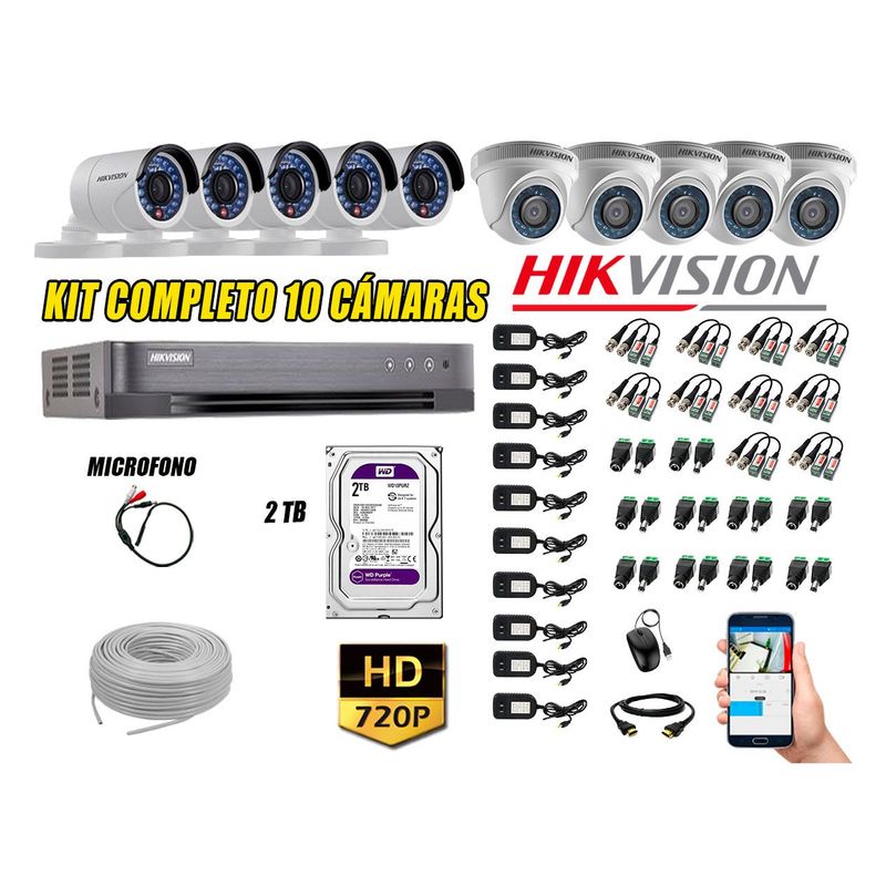 HIKVISION - Kit 10 Cámaras de Seguridad HD 720P 2TB Vigilancia + Kit de Micrófono