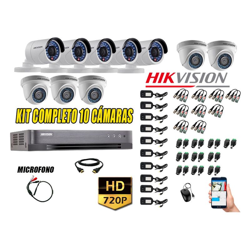 HIKVISION - Kit 10 Cámaras de Seguridad HD 720P P2P Vigilancia + Kit de Micrófono