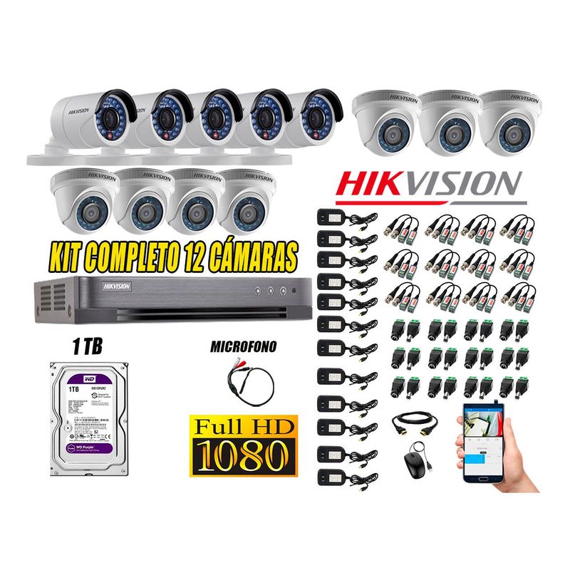 HIKVISION - Kit 12 C?maras de Seguridad Full HD 1080P Disco 1TB Vigilancia + Kit Micr?fono