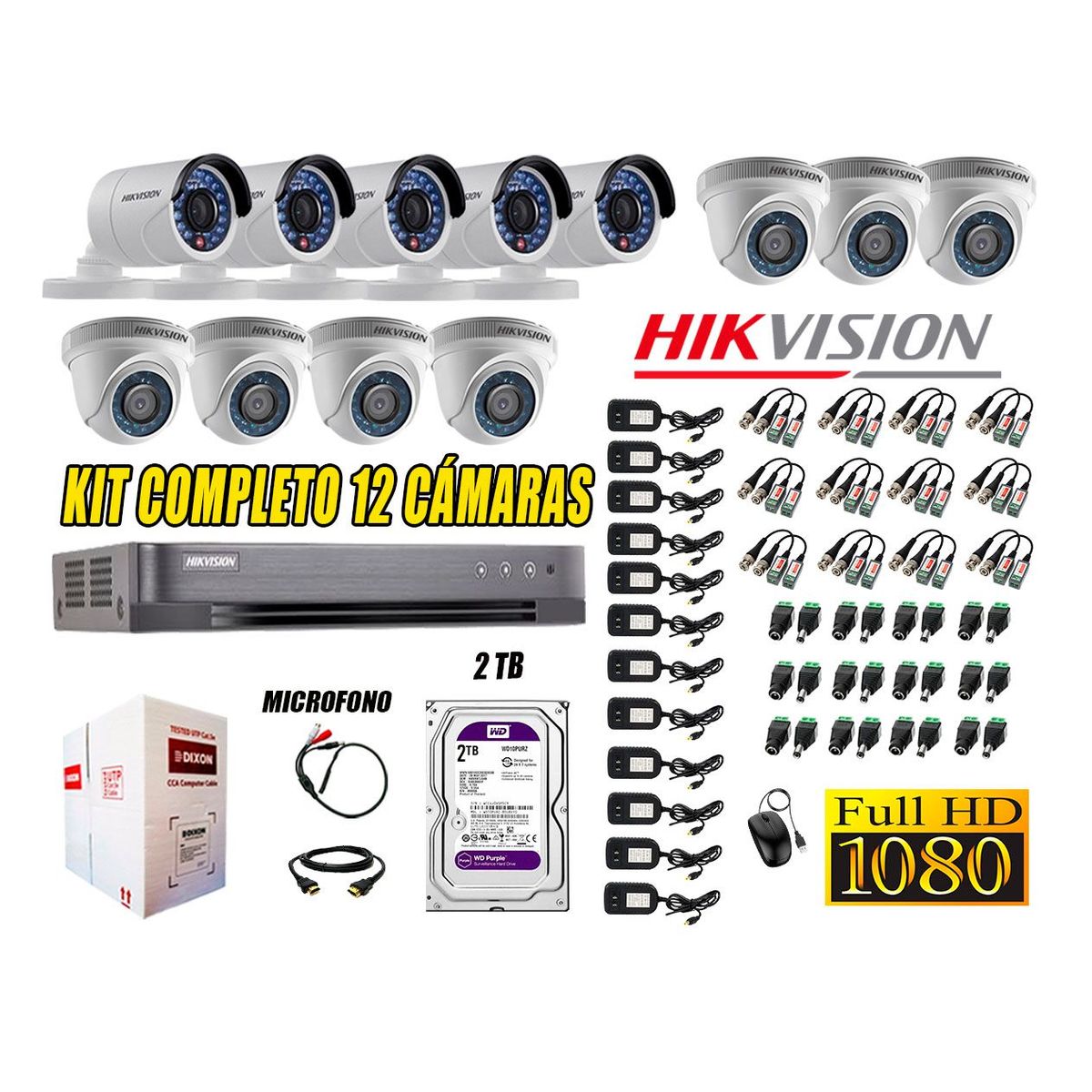 HIKVISION - Kit 12 Cámaras de Seguridad Full HD 1080P 2TB Vigilancia + Kit de Micrófono
