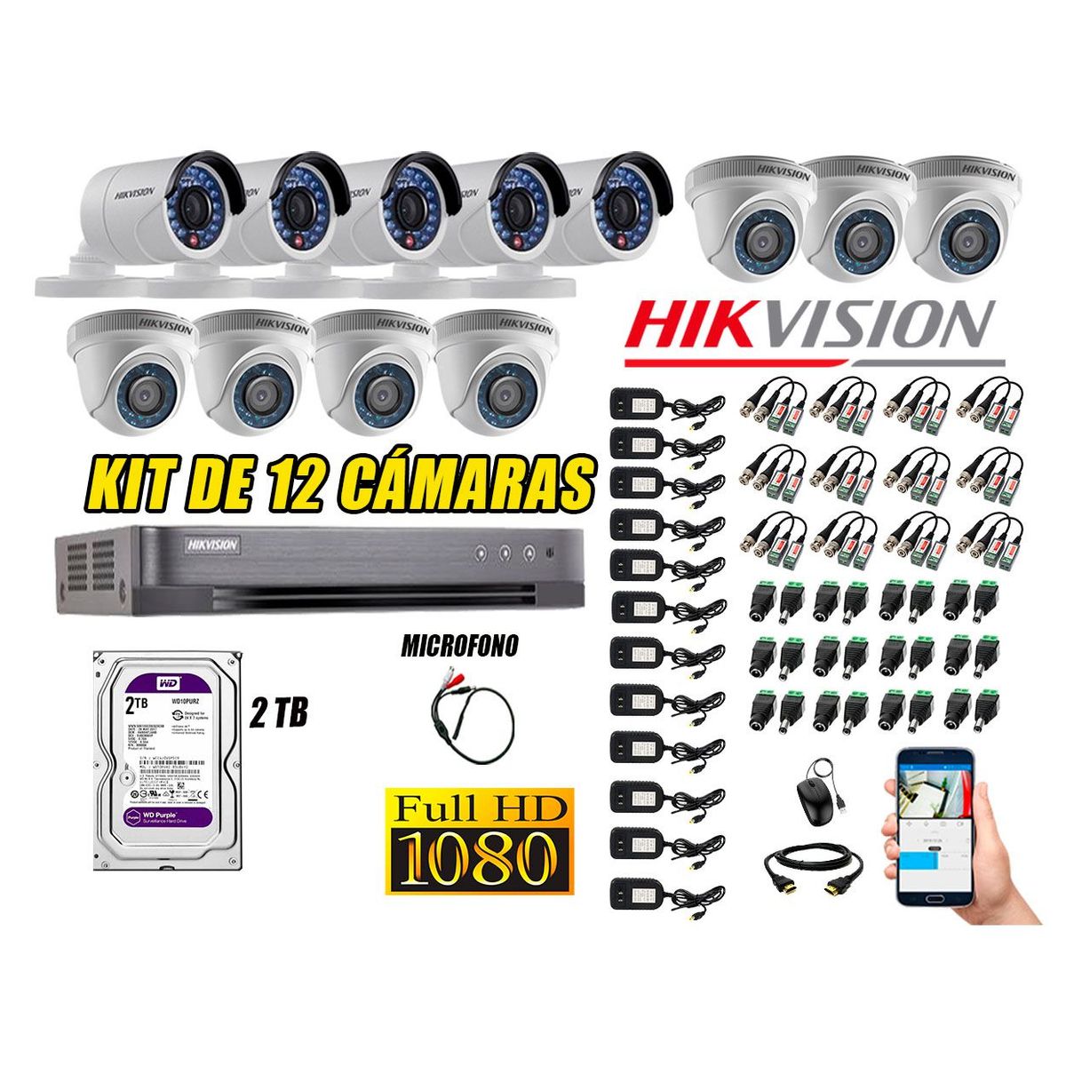 HIKVISION - Kit 12 Cámaras de Seguridad Full HD 1080P Disco 2TB Vigilancia + Kit de Micrófono