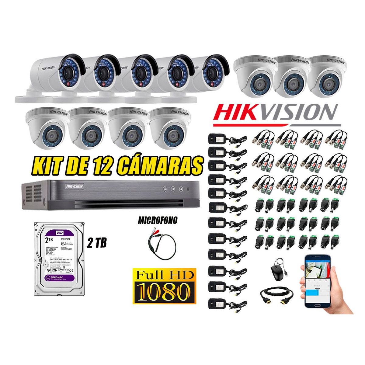 HIKVISION - Kit 12 Cámaras de Seguridad Full HD 1080P Disco 2TB Vigilancia + Kit de Micrófono