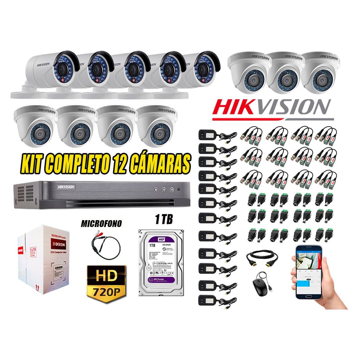 HIKVISION - Kit 12 Cámaras de Seguridad HD 720P Disco 1TB Vigilancia + Kit de Micrófono