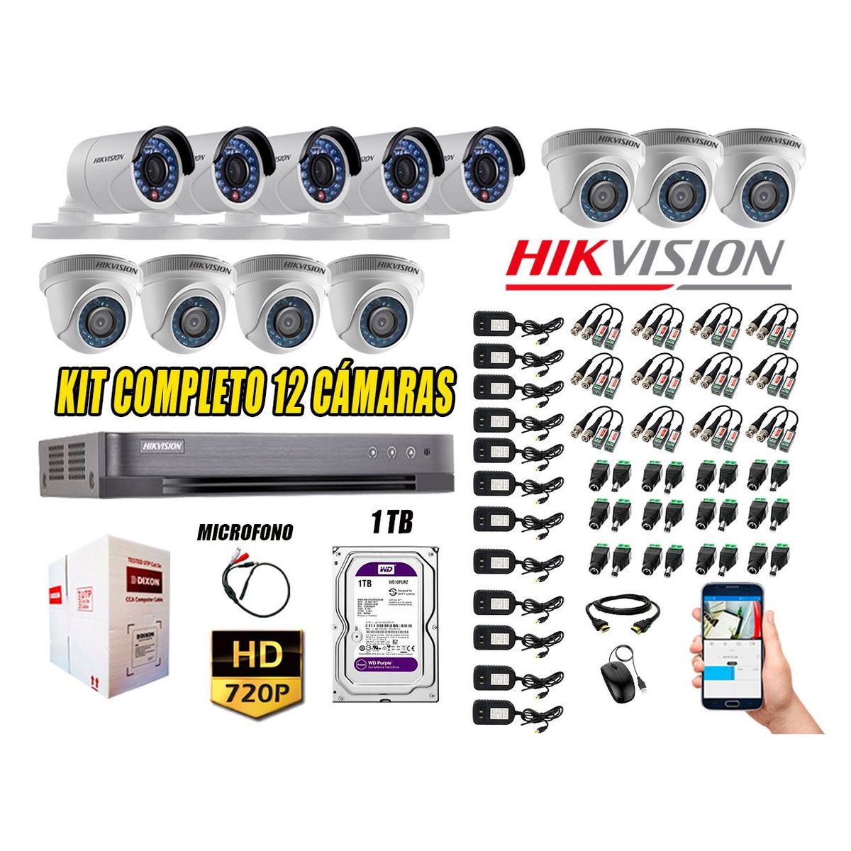 HIKVISION - Kit 12 Cámaras de Seguridad HD 720P Disco 1TB Vigilancia + Kit de Micrófono