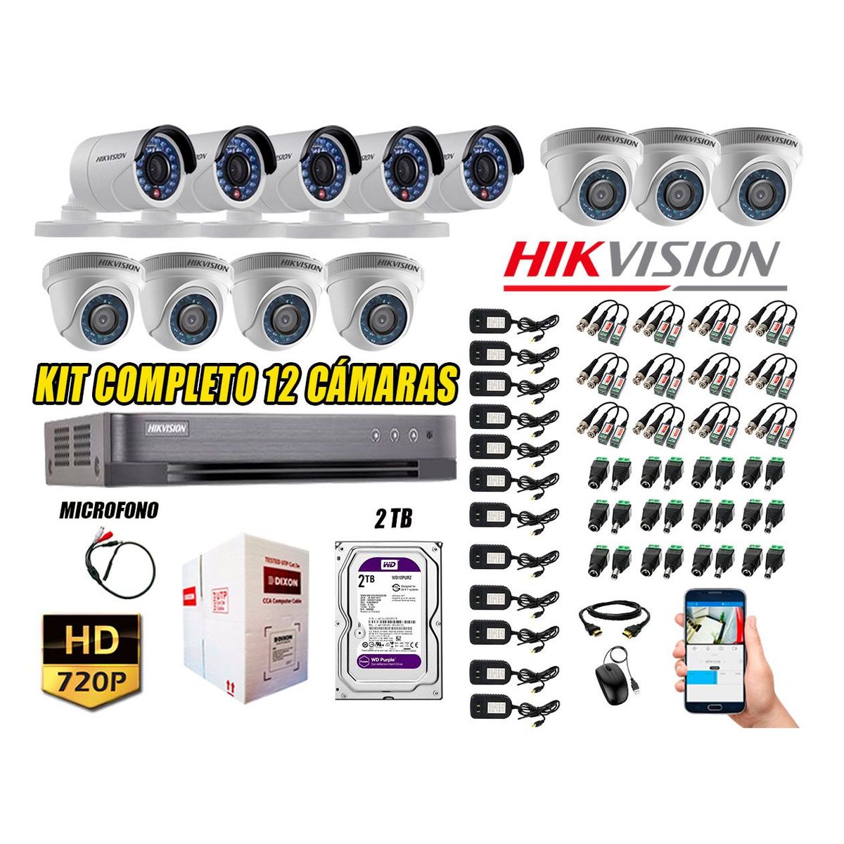 HIKVISION - Kit 12 Cámaras de Seguridad HD 720P 2TB Vigilancia + Kit de Micrófono