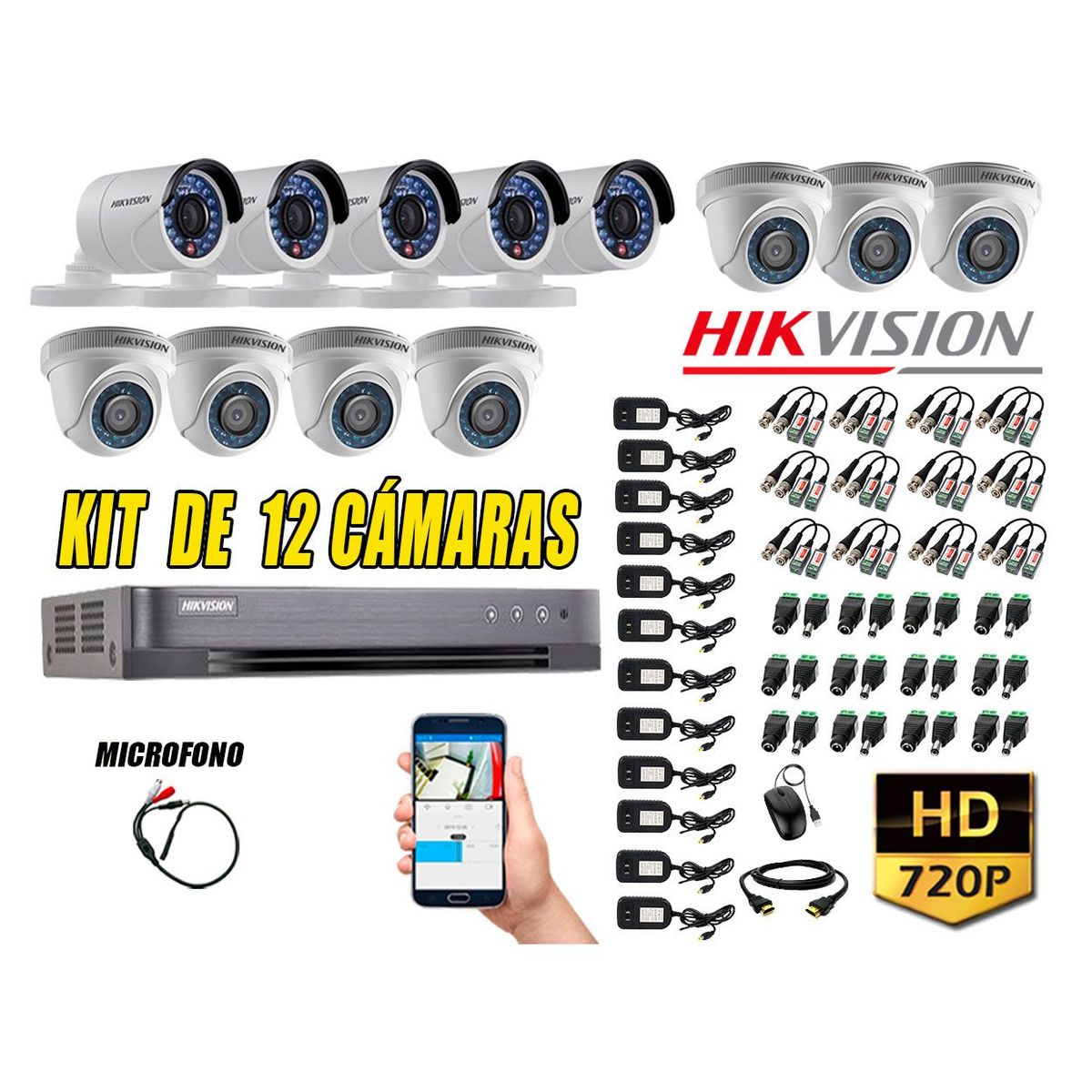 HIKVISION - Kit 12 Cámaras de Seguridad HD 720P P2P Vigilancia + Kit de Micrófono