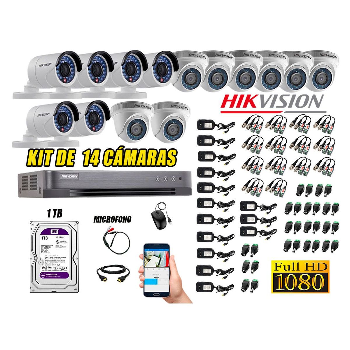 HIKVISION - Kit 14 Cámaras de Seguridad Full HD 1080P 1TB Vigilancia + Kit de Micrófono