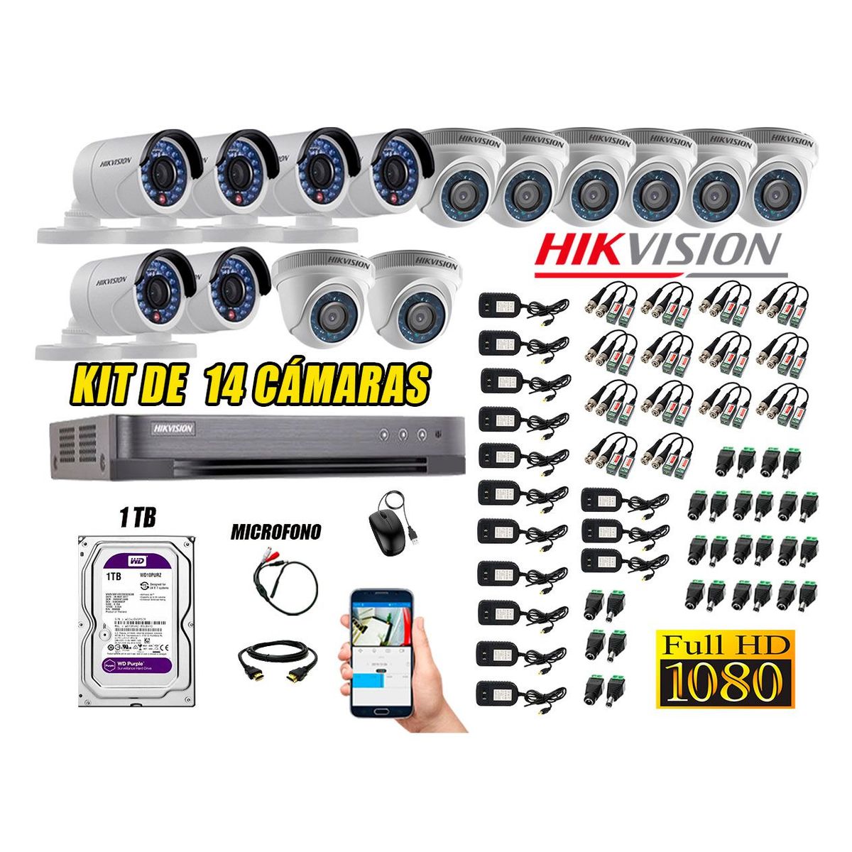 HIKVISION - Kit 14 Cámaras de Seguridad Full HD 1080P 1TB Vigilancia + Kit de Micrófono