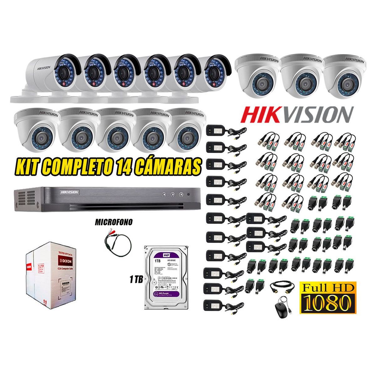 HIKVISION - Kit 14 Cámaras de Seguridad Full HD 1080P Disco 1TB Vigilancia + Kit Micrófono