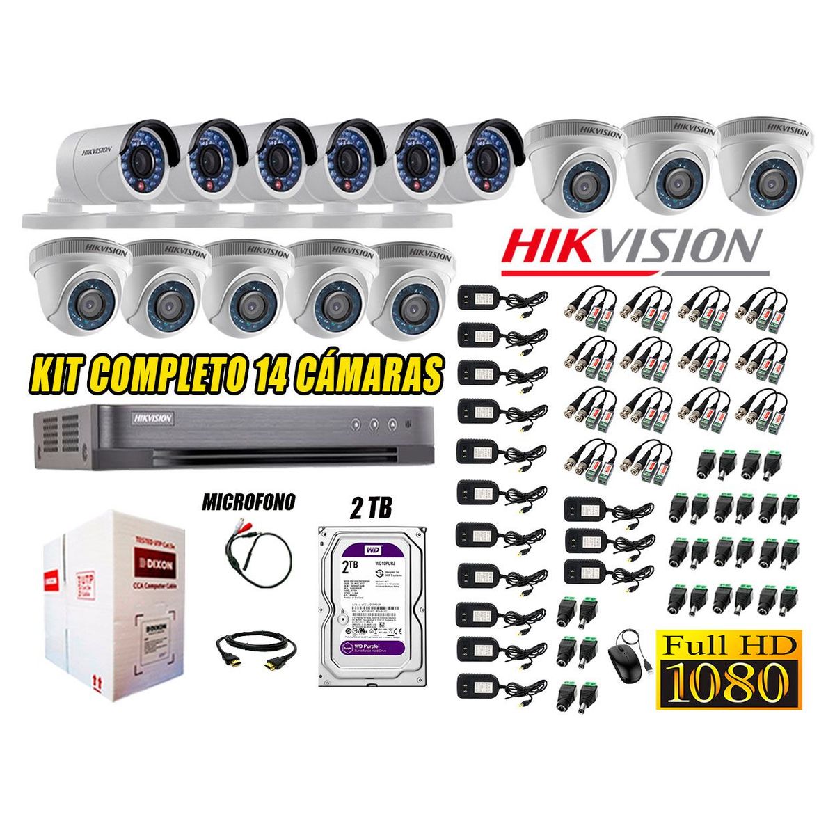 HIKVISION - Kit 14 Cámaras de Seguridad Full HD 1080P 2TB Vigilancia + Kit de Micrófono