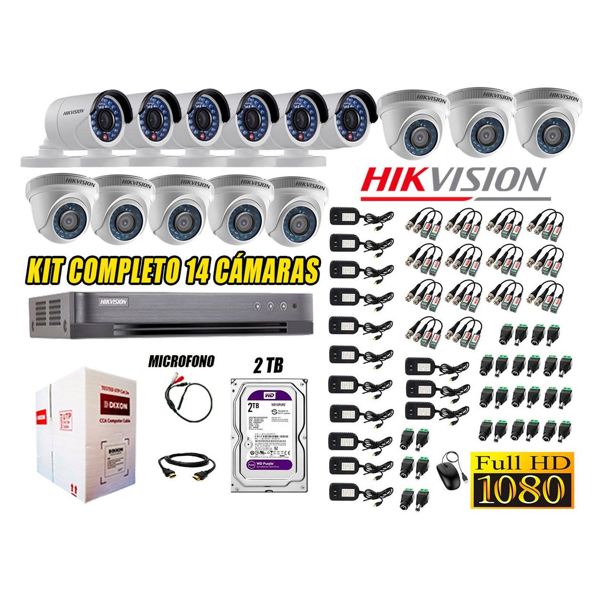 HIKVISION - Kit 14 Cámaras de Seguridad Full HD 1080P 2TB Vigilancia + Kit de Micrófono