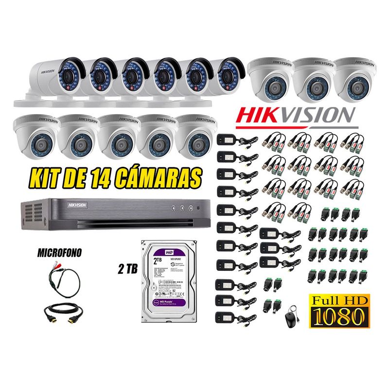HIKVISION - Kit 14 C?maras de Seguridad Full HD 1080P Disco 2TB Vigilancia + Kit Micr?fono