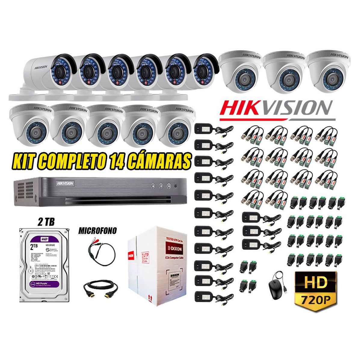 HIKVISION - Kit 14 Cámaras de Seguridad HD 720p Disco 2TB Vigilancia + Kit de Micrófono