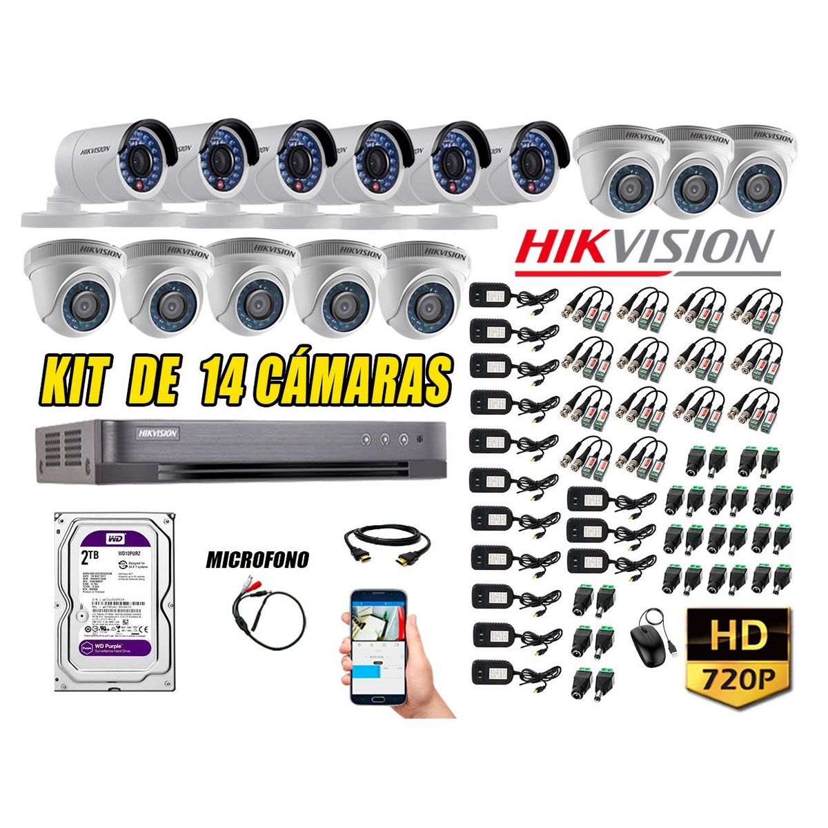 HIKVISION - Kit 14 Cámaras de Seguridad HD 720p 2TB Vigilancia + Kit de Micrófono