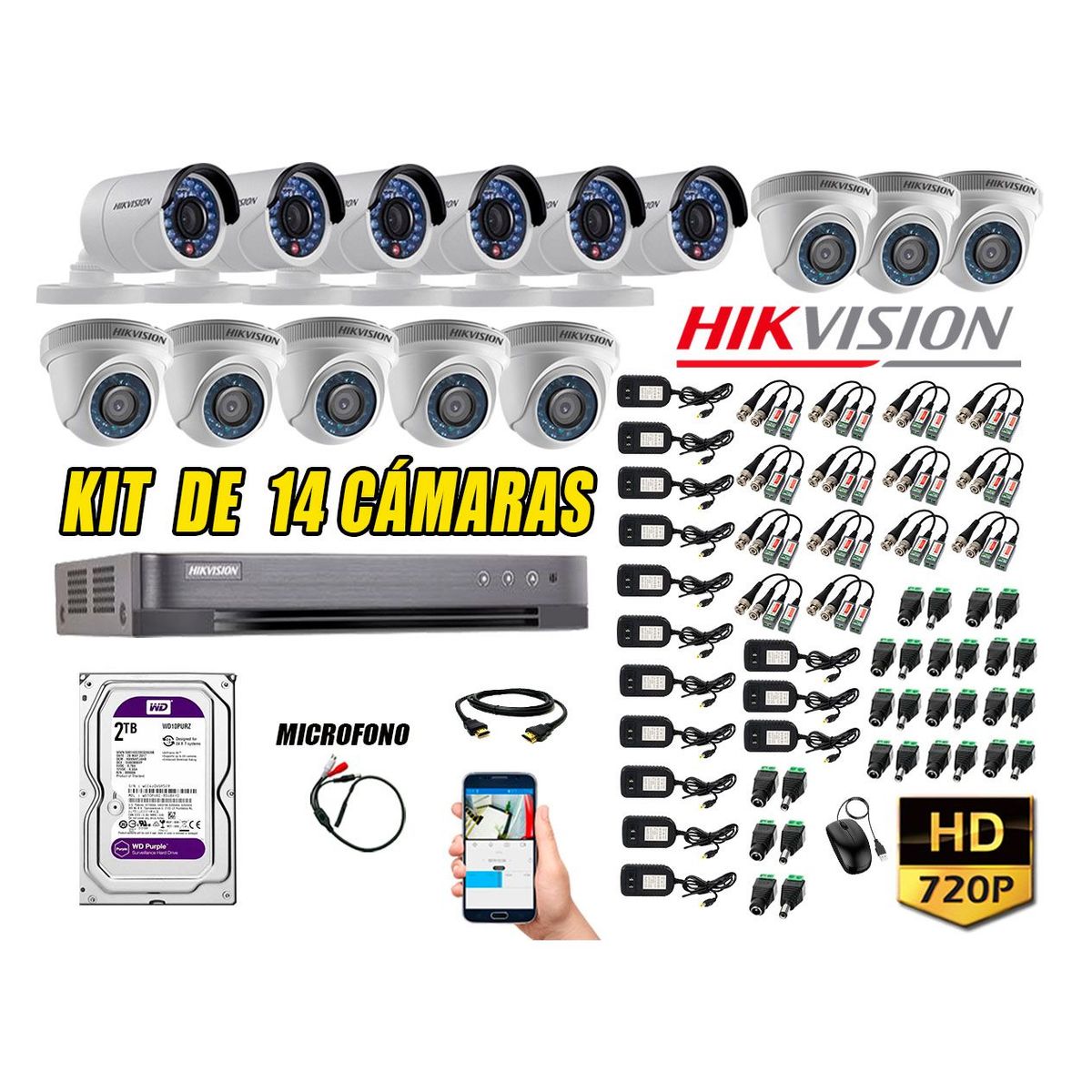 HIKVISION - Kit 14 Cámaras de Seguridad HD 720p 2TB Vigilancia + Kit de Micrófono