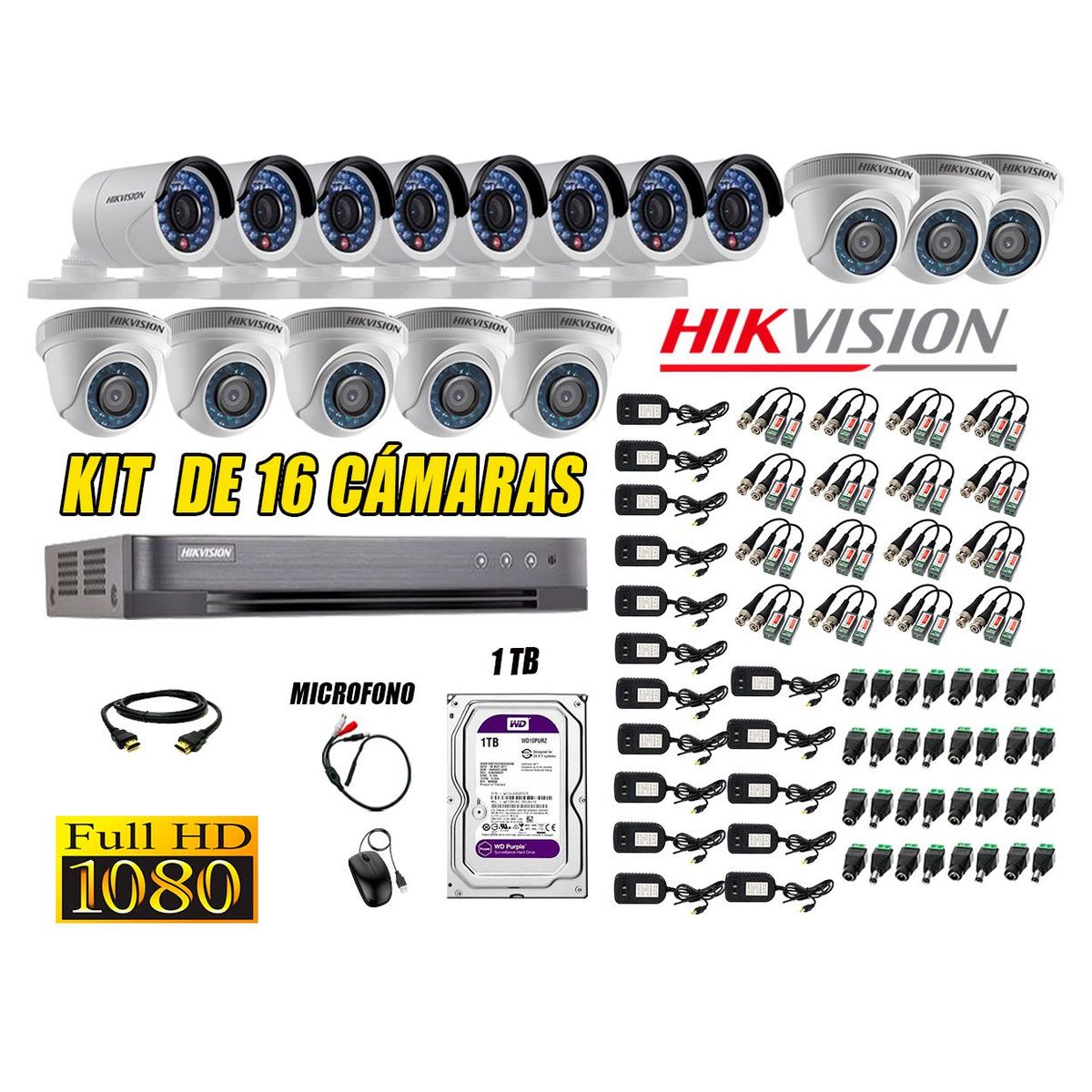 HIKVISION - Kit 16 Cámaras de Seguridad Full HD 1080P 1TB Vigilancia + Kit de Micrófono