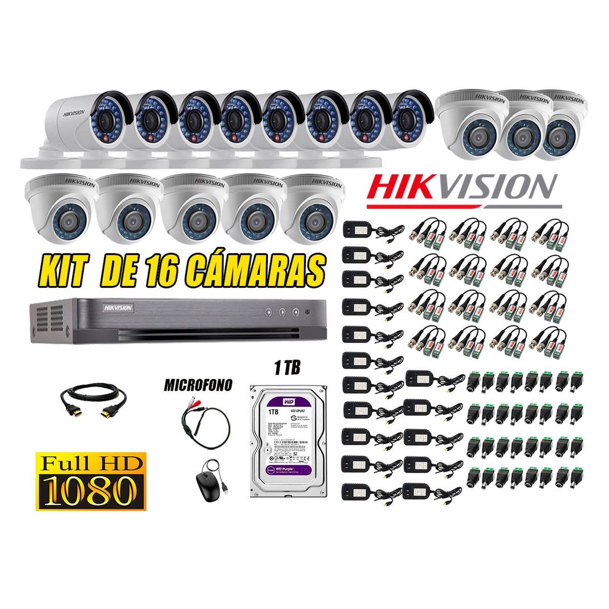 HIKVISION - Kit 16 Cámaras de Seguridad Full HD 1080P 1TB Vigilancia + Kit de Micrófono