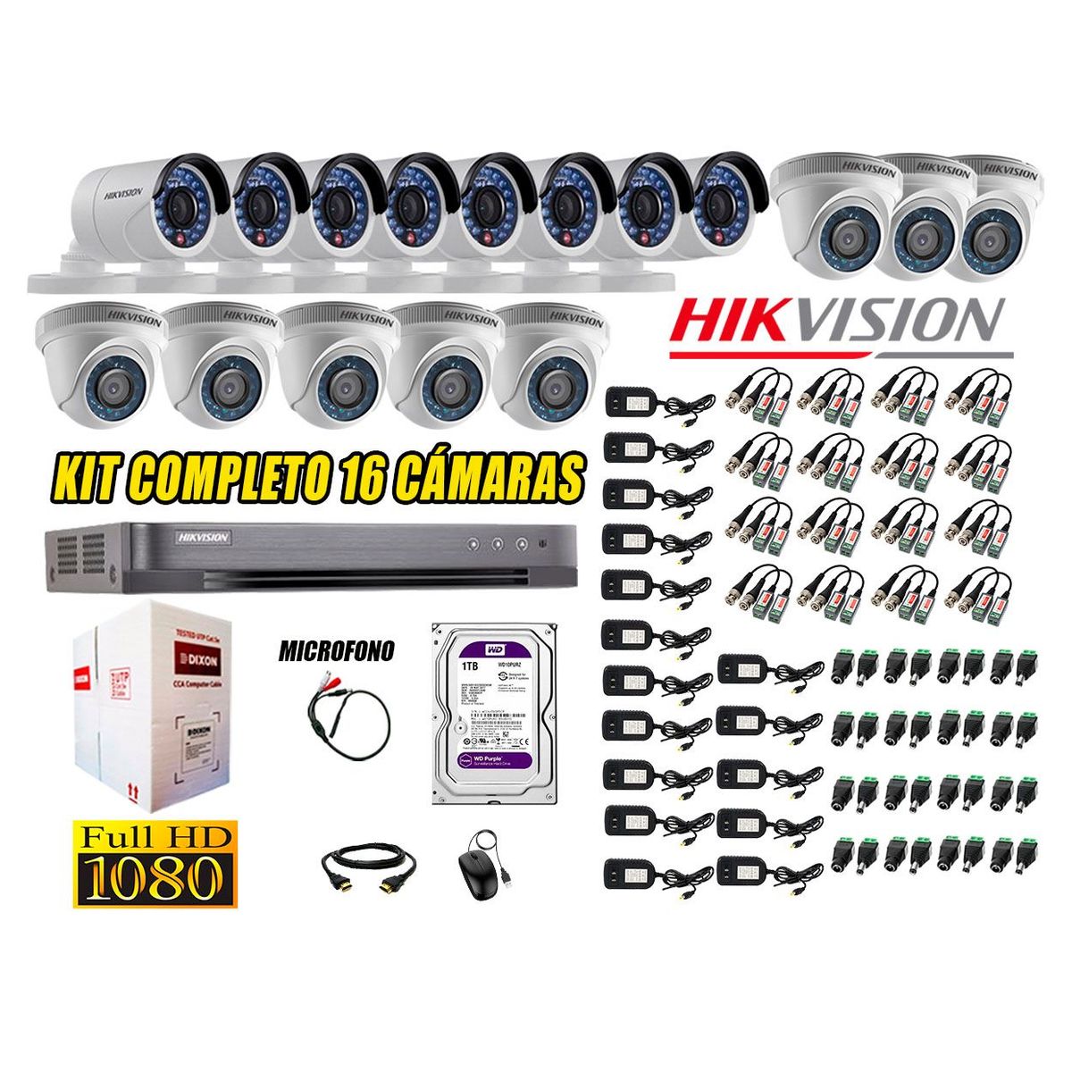 HIKVISION - Kit 16 Cámaras de Seguridad Full HD 1080P Disco 1TB Vigilancia + Kit Micrófono