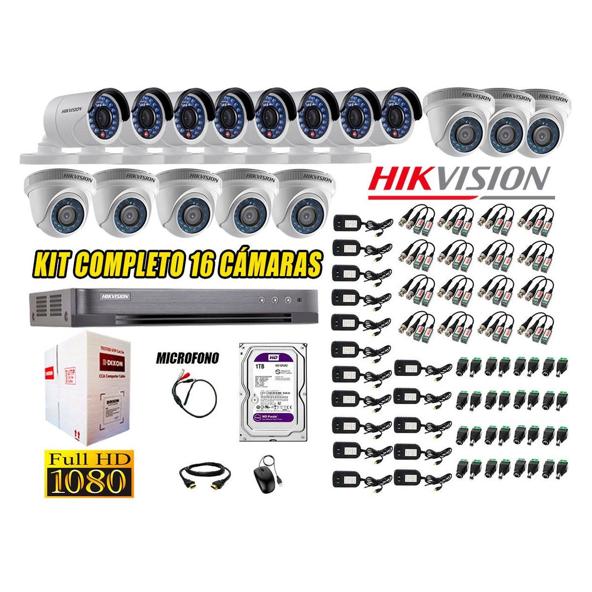 HIKVISION - Kit 16 Cámaras de Seguridad Full HD 1080P Disco 1TB Vigilancia + Kit Micrófono