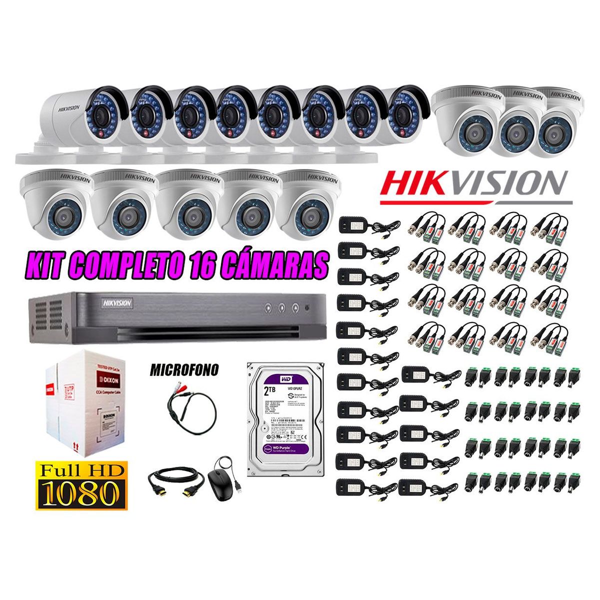 HIKVISION - Kit 16 Cámaras de Seguridad Full HD 1080P 2TB Vigilancia + Kit de Micrófono