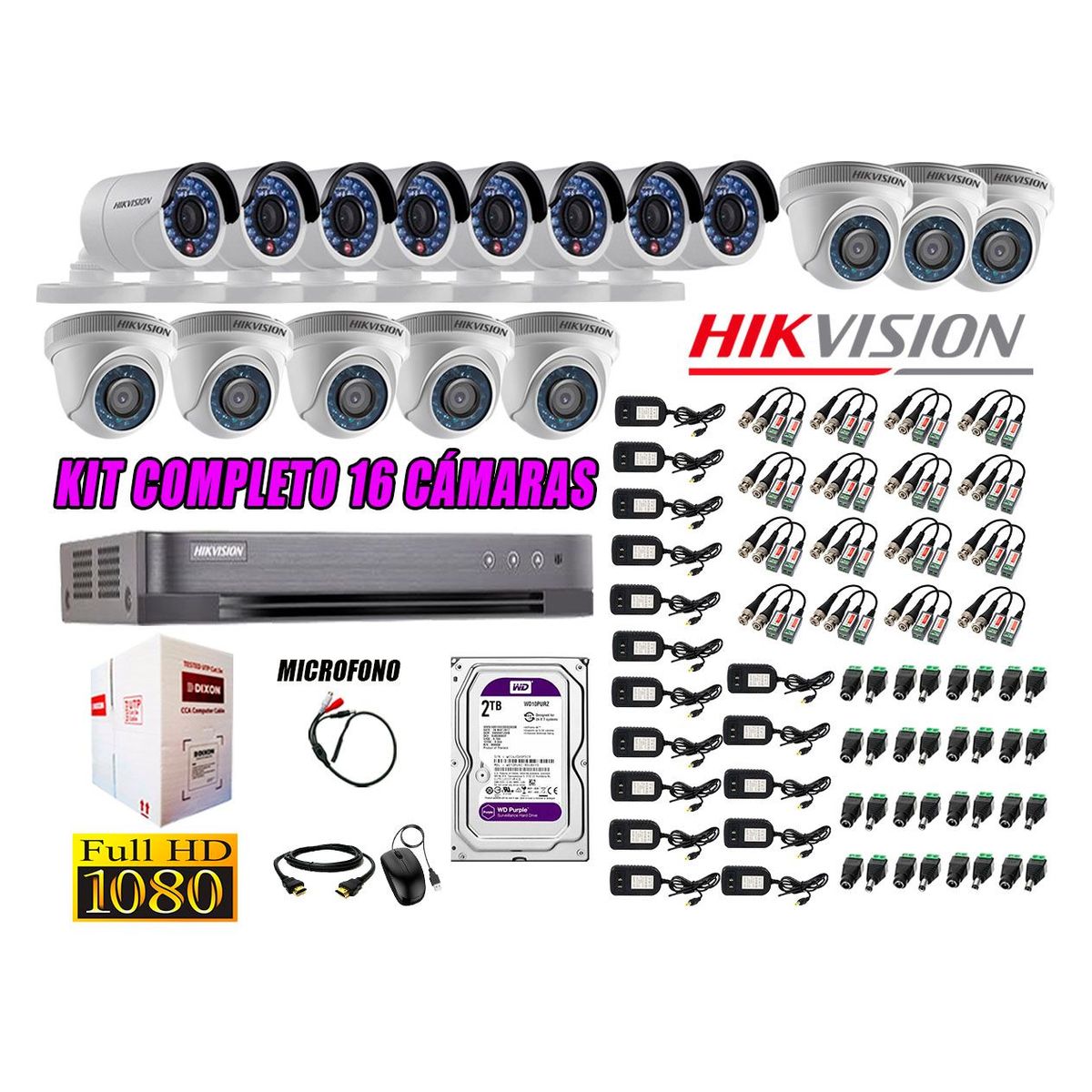 HIKVISION - Kit 16 Cámaras de Seguridad Full HD 1080P 2TB Vigilancia + Kit de Micrófono