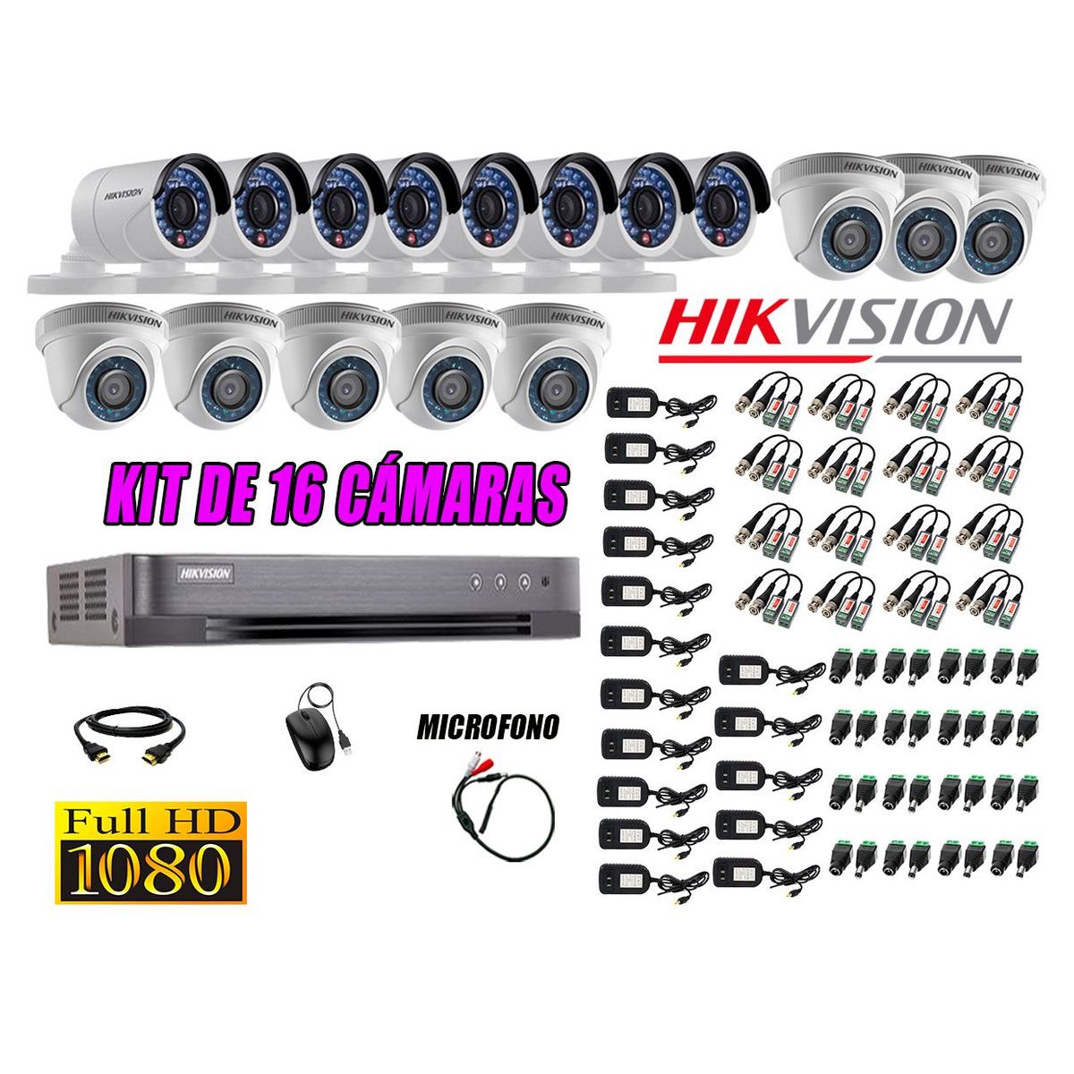 HIKVISION - Kit 16 Cámaras de Seguridad Full HD 1080P P2P Vigilancia + Kit de Micrófono