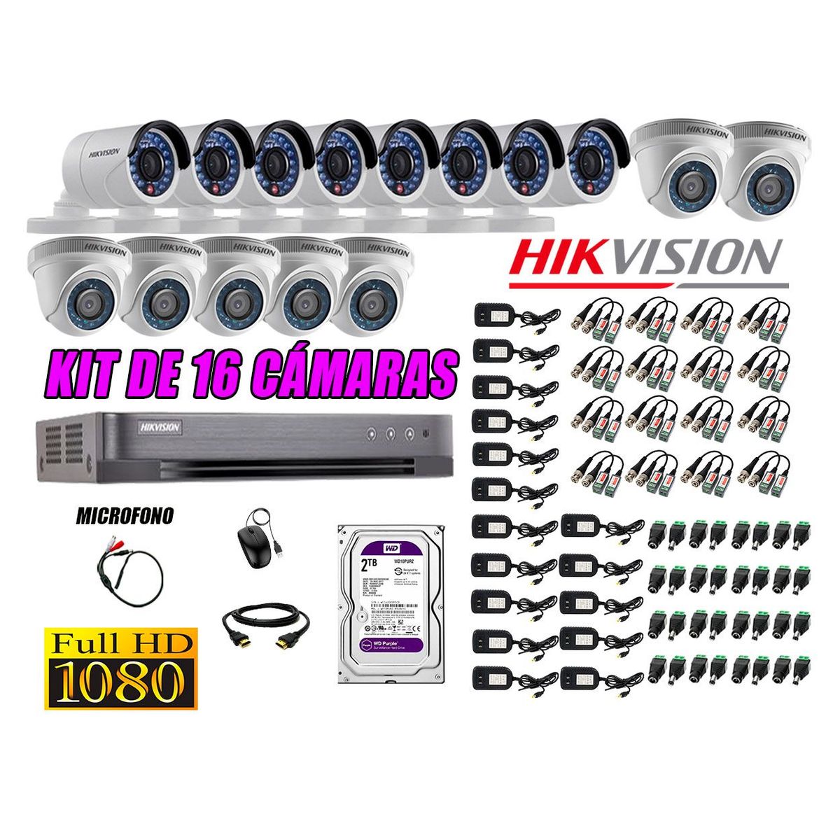 HIKVISION - Kit 16 Cámaras de Seguridad Full HD 1080P Disco 2TB Vigilancia + Kit Micrófono