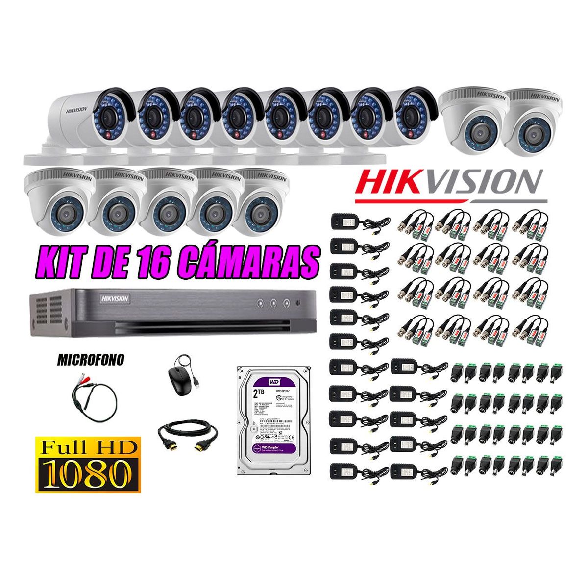 HIKVISION - Kit 16 Cámaras de Seguridad Full HD 1080P Disco 2TB Vigilancia + Kit Micrófono