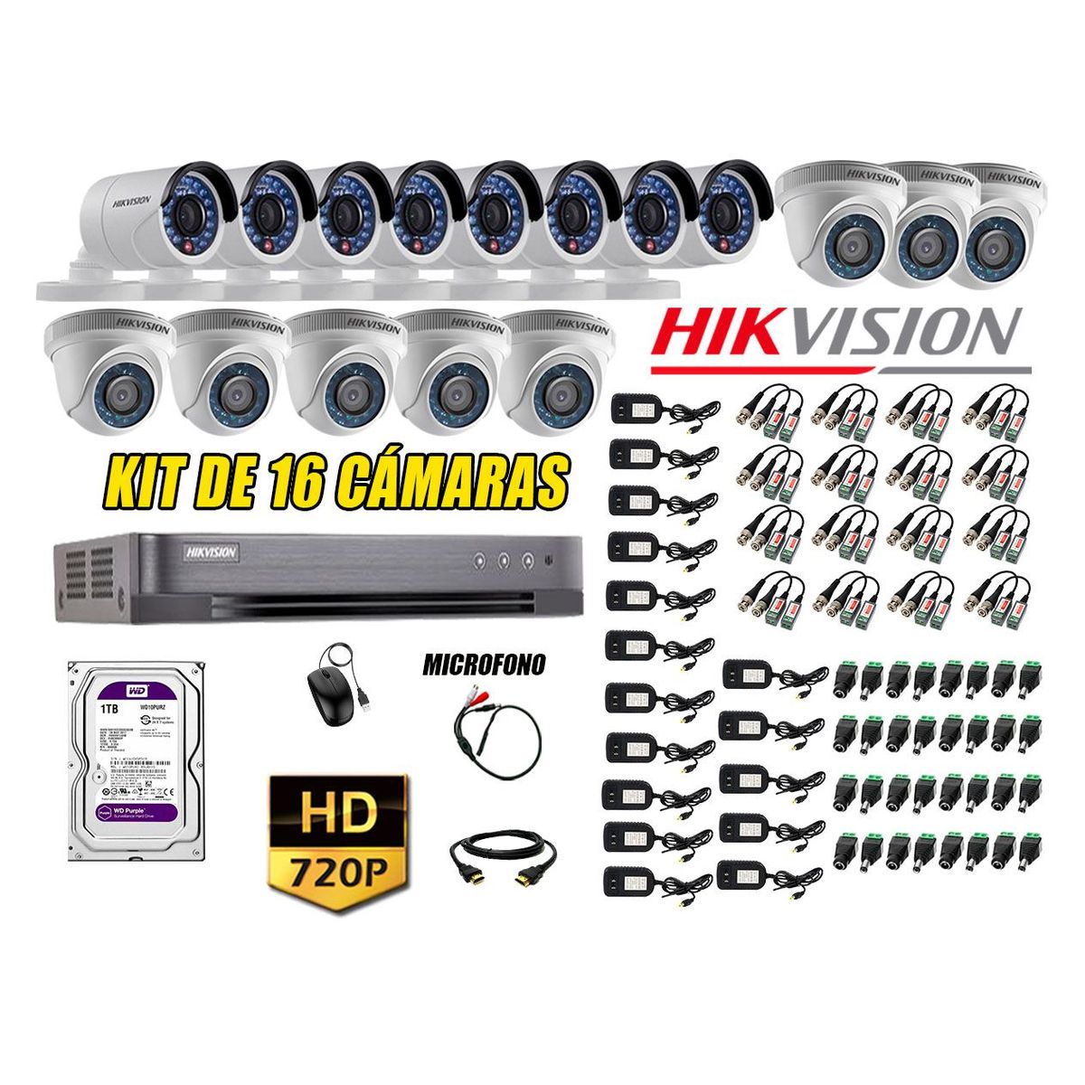 HIKVISION - Kit 16 Cámaras de Seguridad HD 720P 1TB Vigilancia + Kit de Micrófono