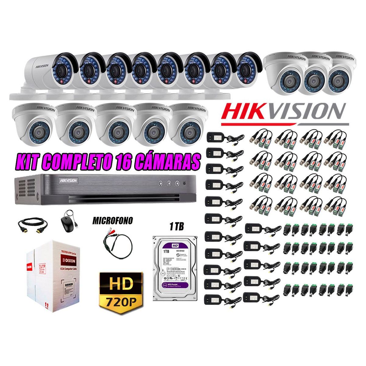 HIKVISION - Kit 16 Cámaras de Seguridad HD 720P Disco 1TB Vigilancia + Kit de Micrófono