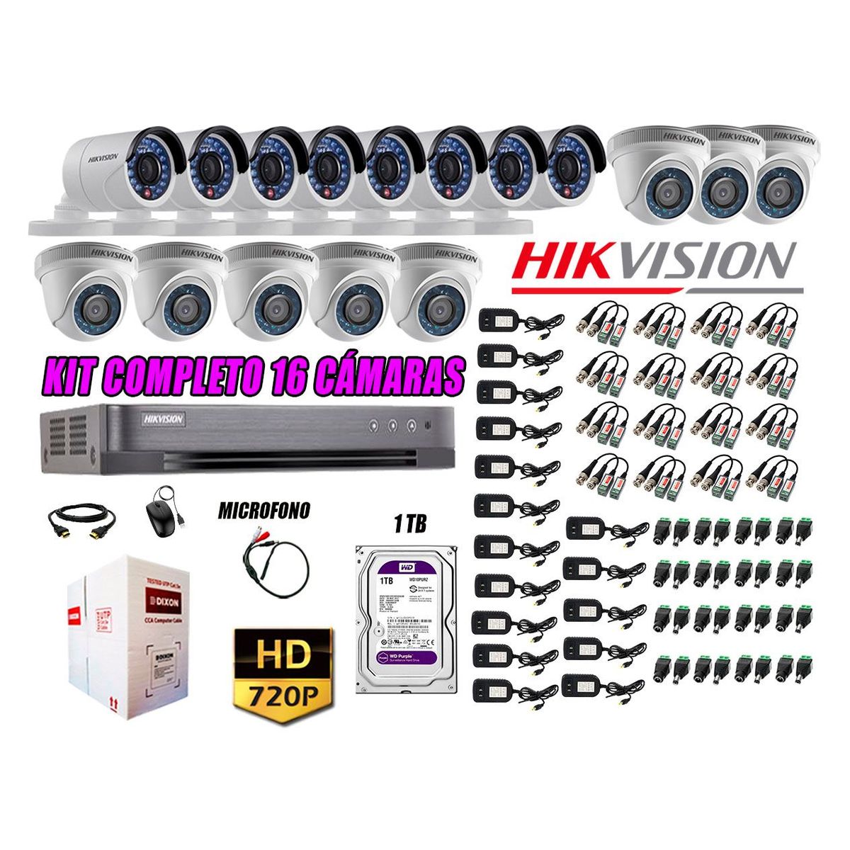 HIKVISION - Kit 16 Cámaras de Seguridad HD 720P Disco 1TB Vigilancia + Kit de Micrófono