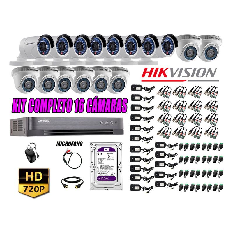 HIKVISION - Kit 16 Cámaras de Seguridad HD 720P 2TB Vigilancia + Kit de Micrófono